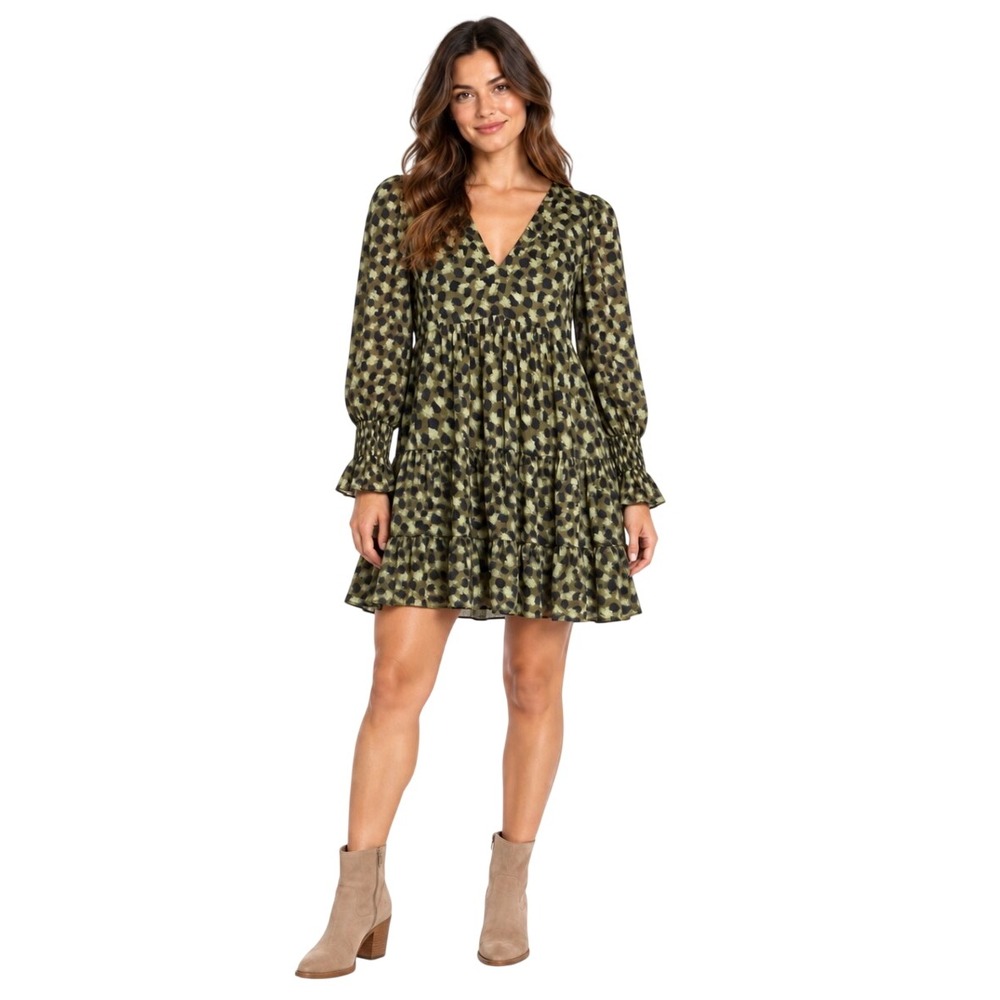 Pomander Place Olive Green Abstract Animal Print Tiered Mini Dress Small